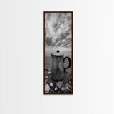 Seaside Coffee Pot, Rustic Beach, Moody Vibes, Framed Canvas Print, Farmhouse Decor, Kitchen Wall Art, Coastal Neutral Artwork