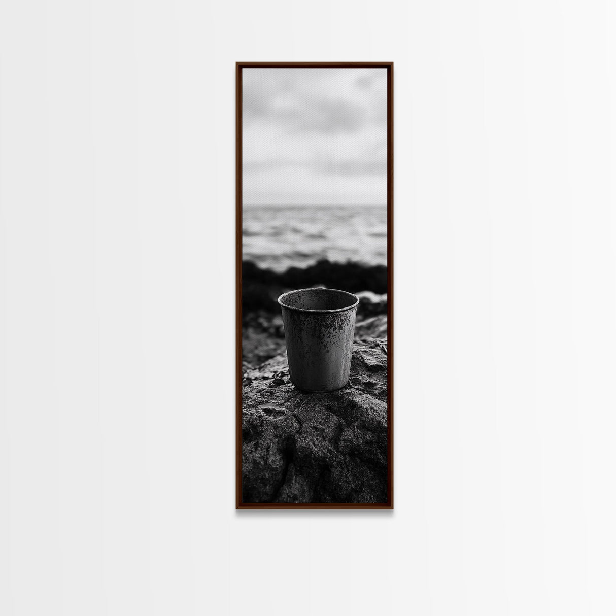 Metal Cup, Shoreline Still Life, Rustic Seaside, Canvas Print, Vintage Aesthetic, Coastal Kitchen Wall Art, Minimal Beach Mood