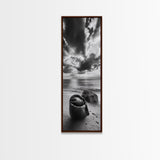 Coastal Bag, Driftwood Rock, Stormy Sea, Framed Canvas Print, Moody Beach Wall Art, Minimalist Decor, Ocean Vibe Photography