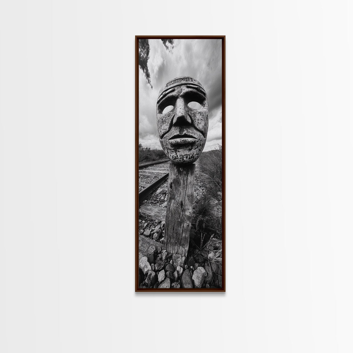 Tribal Mask, Railway Art, Abstract Face, Canvas Print, Surreal Wall Art, Eclectic Living Room Decor, Boho Urban Art, Monochrome Photography