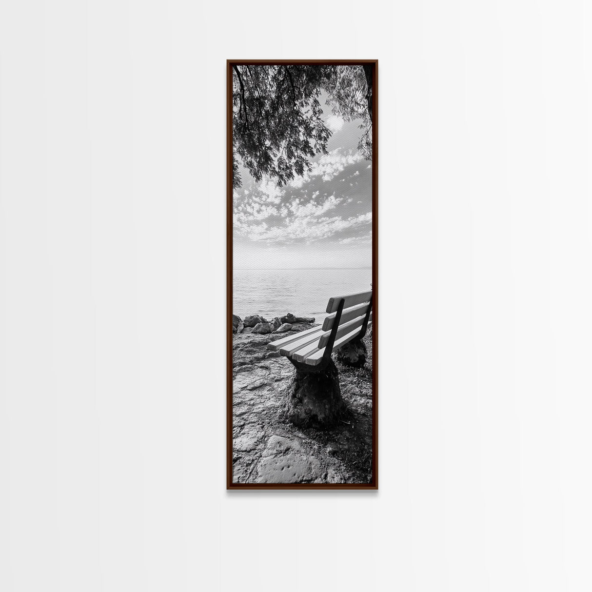 Lakeside Bench View, Peaceful Nature Scene, Tranquil Reflection Print, Minimalist Wall Decor, Zen Office Art, Framed Canvas Print