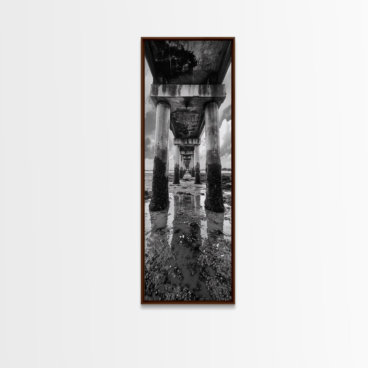 Pier Perspective, Symmetrical Architecture Art, Coastal Concrete Structure, Industrial Minimalist Decor, Framed Canvas Print