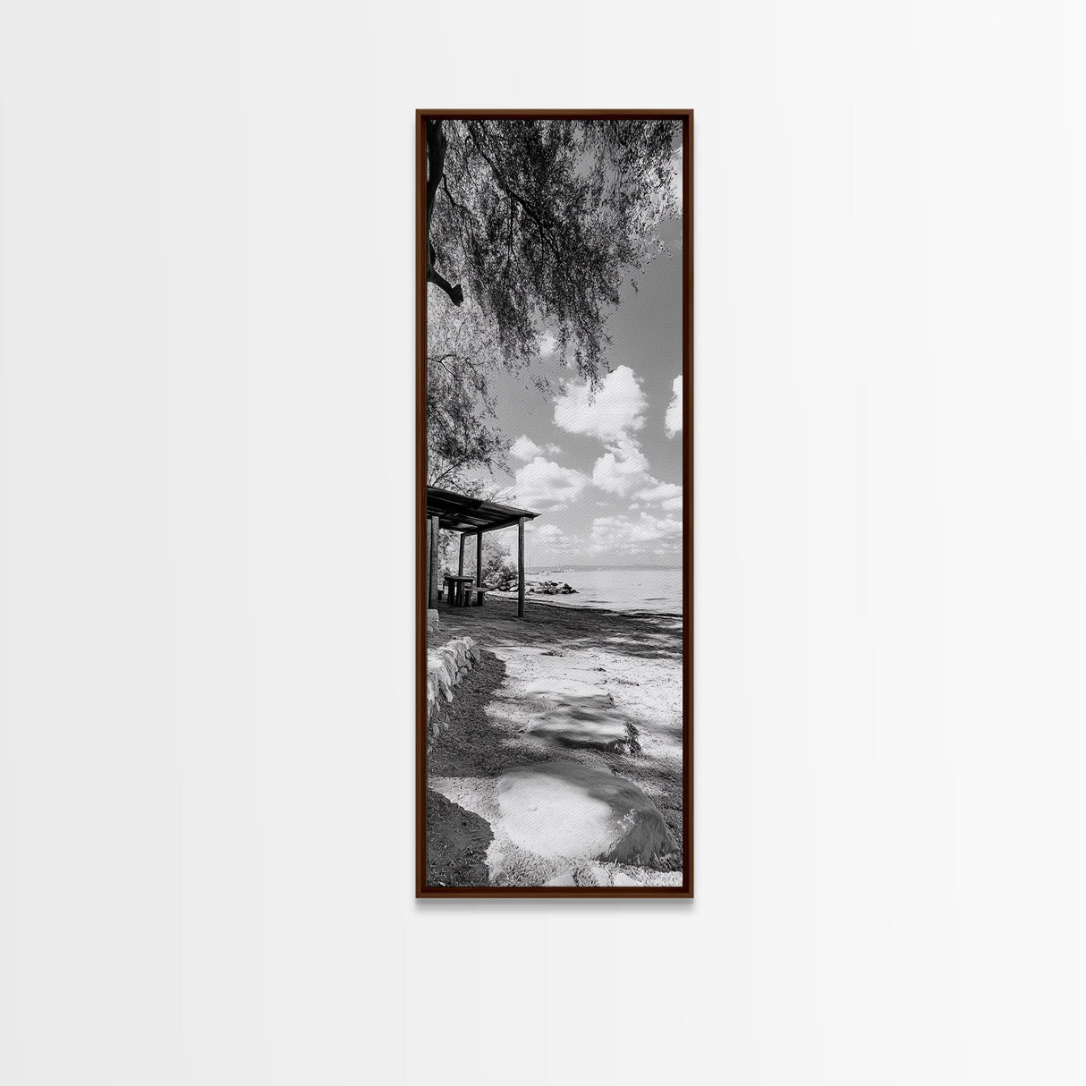 Coastal Bench, Ocean Peace, Nature Retreat, Minimal Landscape, Canvas Print, Zen Wall Art, Bedroom or Entryway Decor, Calm Beach Scene