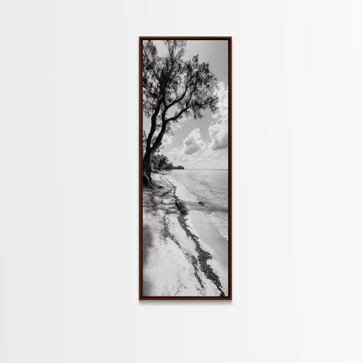 Serene Beach Tree, Calm Ocean Coast, Black White Shoreline, Framed Canvas Print, Coastal Entryway Decor, Minimal Nature Wall Art