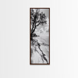 Serene Beach Tree, Calm Ocean Coast, Black White Shoreline, Framed Canvas Print, Coastal Entryway Decor, Minimal Nature Wall Art