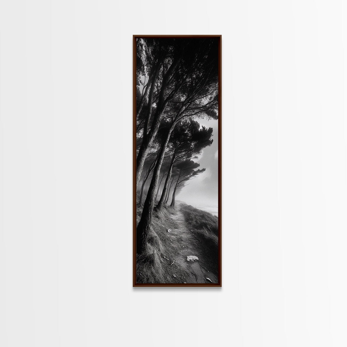 Windy Forest Trail, Dark Coastal Trees, Atmospheric Nature, Framed Canvas Print, Fall Living Room Wall Art, Moody Landscape Aesthetic