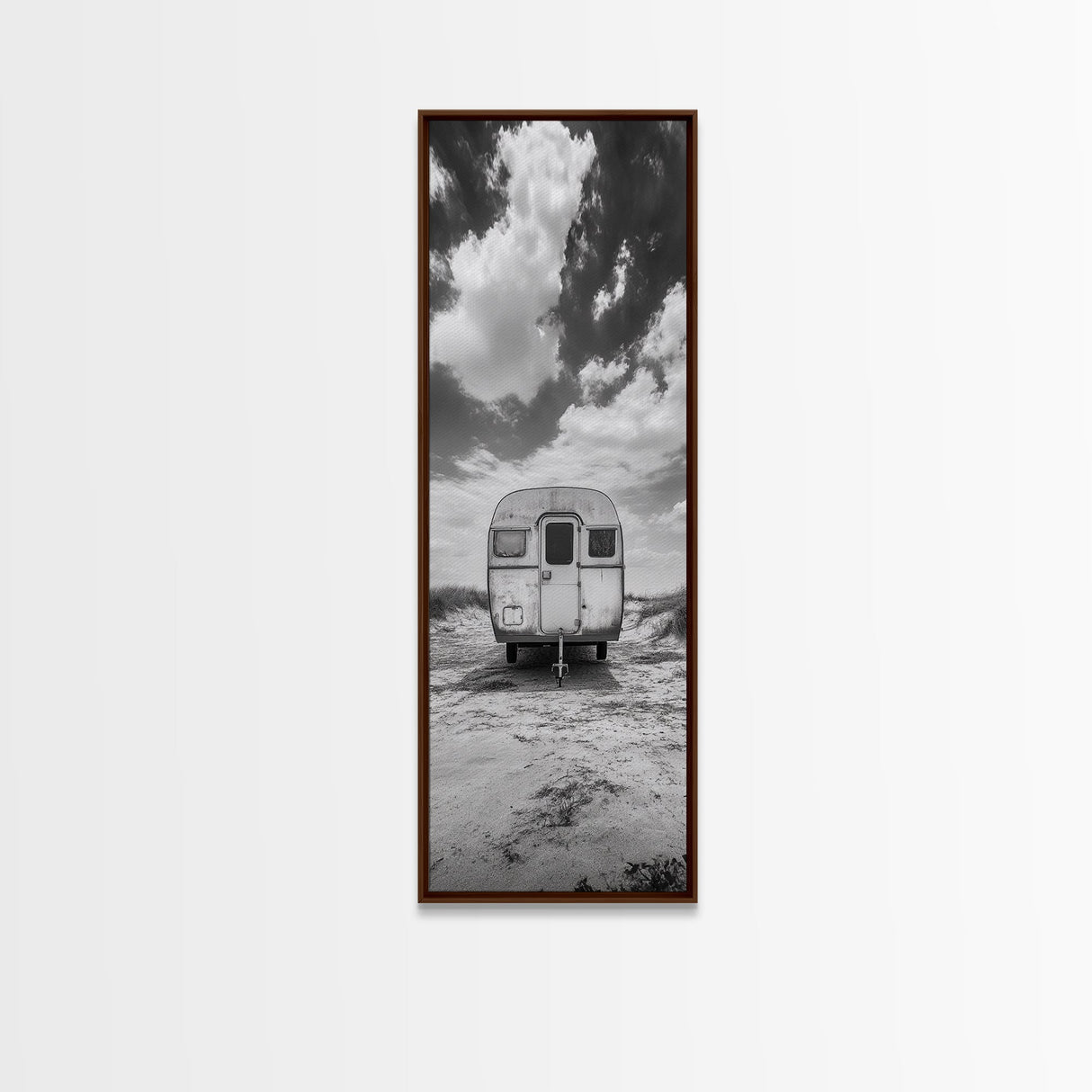 Vintage Camper, Cloudy Sky, Wanderlust Life, Desert Minimalism, Framed Canvas Print, Retro Travel Wall Art, Boho Bedroom Print, Office Art