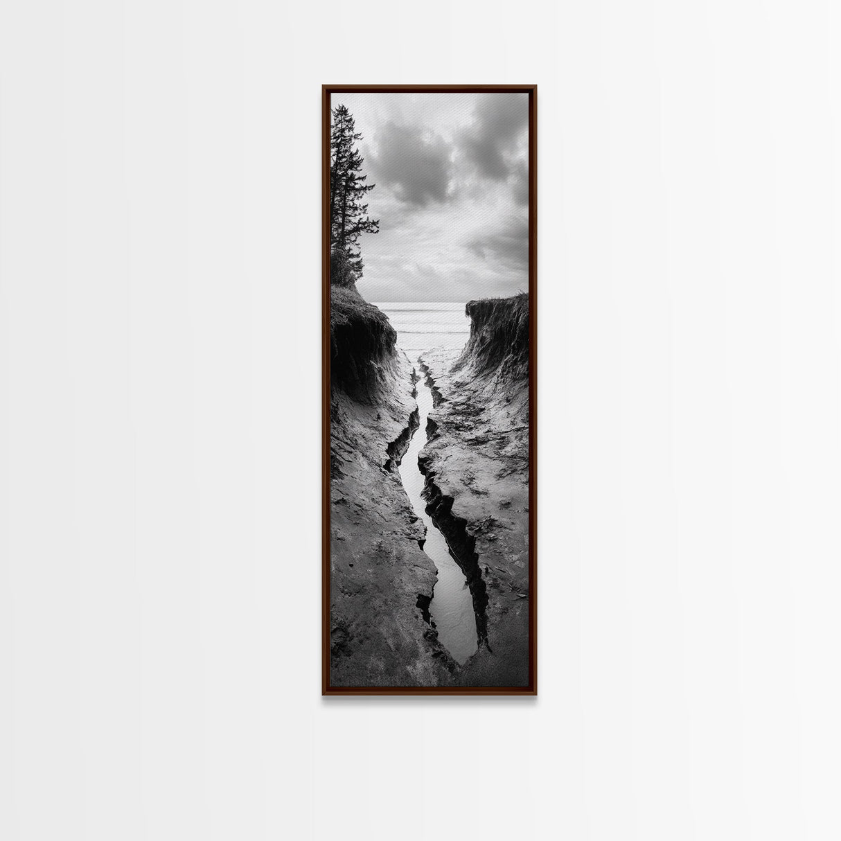Coastal Crevice, Ocean Stream, Moody Nature, Rugged Beauty, Framed Canvas Print, Minimalist Beach Wall Art, Bedroom Art, Entryway Decor