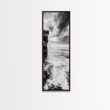 Ocean Waterfall, Coastal Nature, Monochrome Landscape, Framed Canvas Print, Minimalist Bathroom Wall Art, Black White Ocean Art