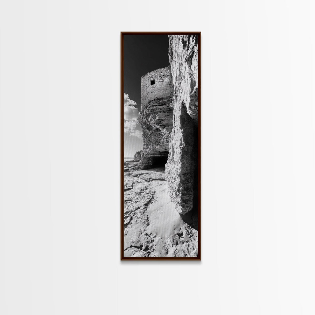 Stone Fortress, Ancient Cliffs, Coastal Ruins, Framed Canvas Print, Rustic Wall Decor, Neutral Tones Living Room Wall Art, Nature Decor