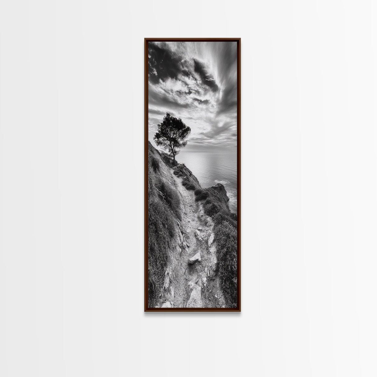Cliffside Tree, Coastal Path, Nature Landscape, Canvas Print, Monochrome Hiking Trail Art, Boho Entryway or Office Wall Decor