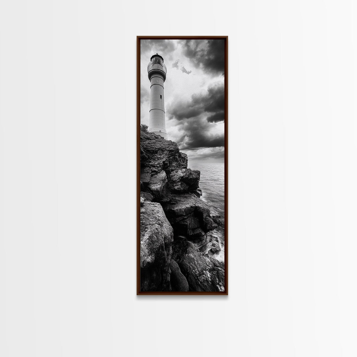 Lighthouse Coast, Stormy Sky, Black White Ocean, Framed Canvas Print, Nautical Wall Art, Rustic Beach House Living Room Decor