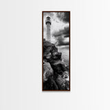 Lighthouse Coast, Stormy Sky, Black White Ocean, Framed Canvas Print, Nautical Wall Art, Rustic Beach House Living Room Decor