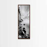 Rocky Shoreline, Coastal Calm, Seaside Mist, Canvas Print, Black White Minimalist Wall Art, Serene Bedroom or Bathroom Decor