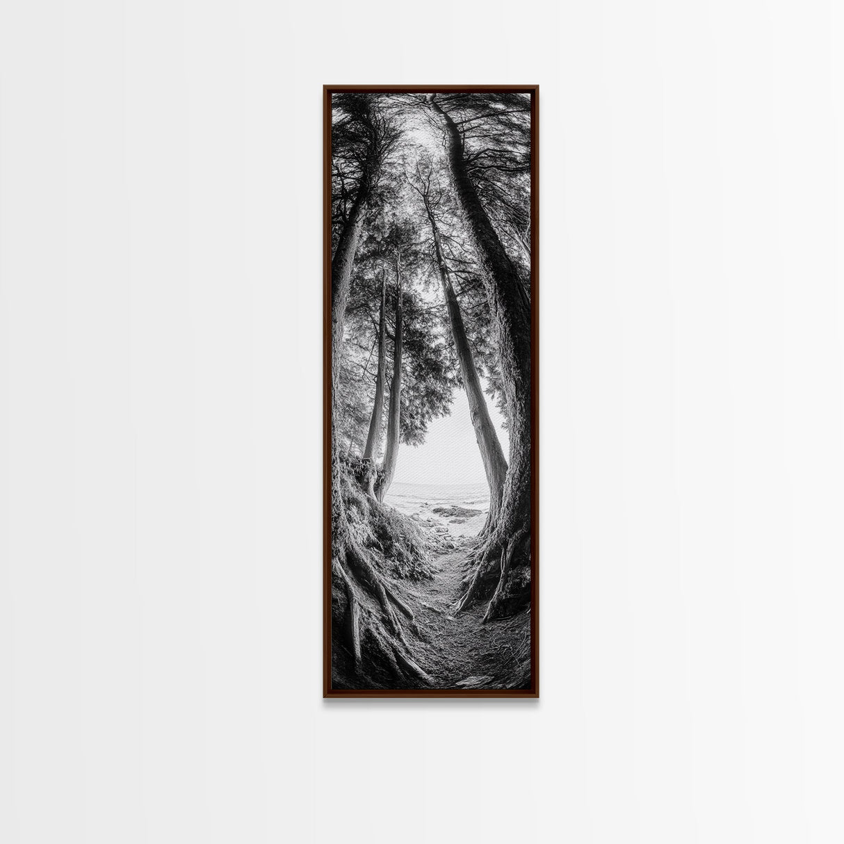 Forest Path, Ocean View, Tall Trees, Canvas Print, Black and White Nature Art, Entryway Wall Art, Rustic Woodland Aesthetic, Bedroom Wall Art