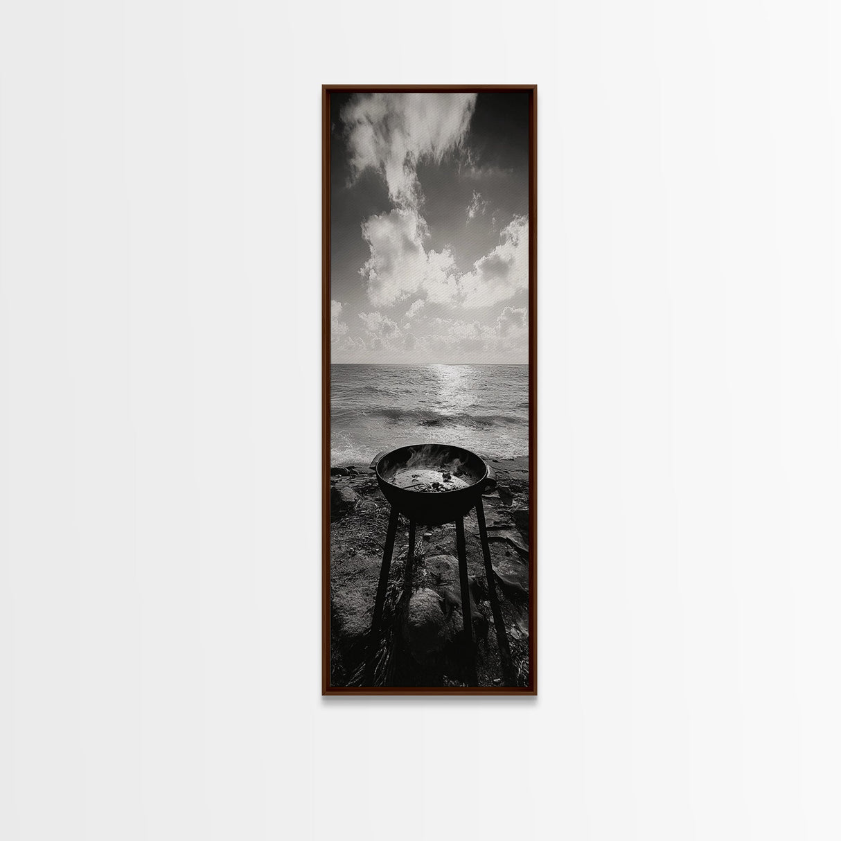 Smoky Grill, Seaside BBQ, Coastal Cooking, Framed Canvas Print, Rustic Outdoor Kitchen Art, Summer Vibes Wall Decor, Moody Beach Scene