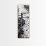 Barbed Fence, Sandy Dunes, Stormy Skies, Moody Coast, Natural Tension, Framed Canvas Print, Living Room Wall Art, Modern Western Decor