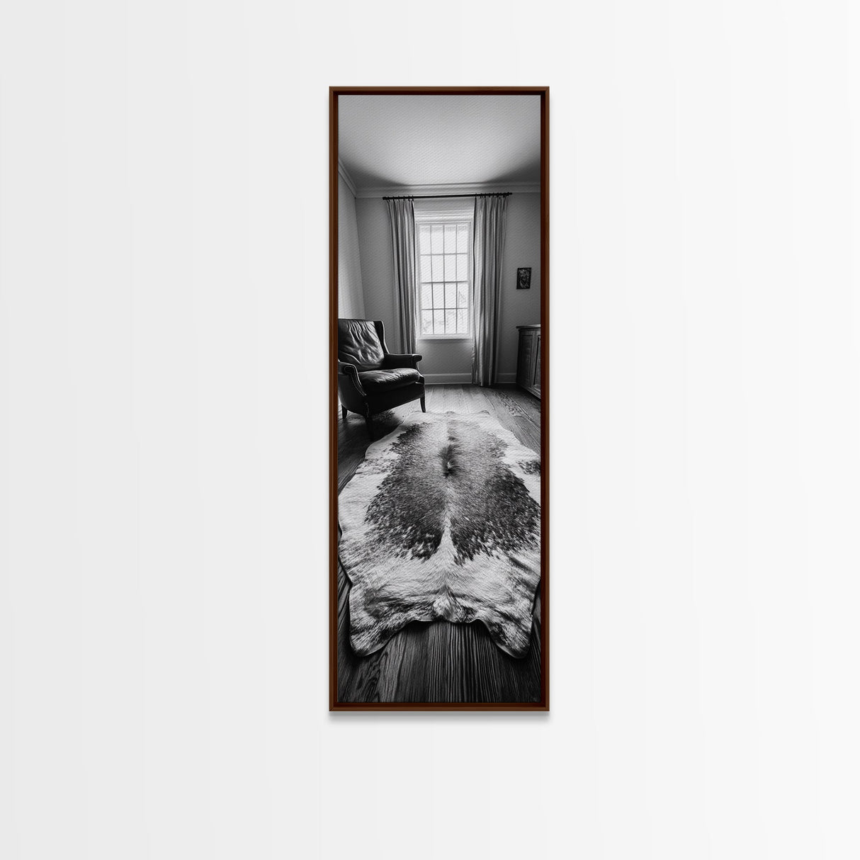 Leather Chair, Cozy Window, Cowhide Rug, Framed Canvas Print, Farmhouse Living Room Decor, Rustic Minimalist Art, Monochrome Interior