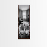 Leather Chair, Cozy Window, Cowhide Rug, Framed Canvas Print, Farmhouse Living Room Decor, Rustic Minimalist Art, Monochrome Interior