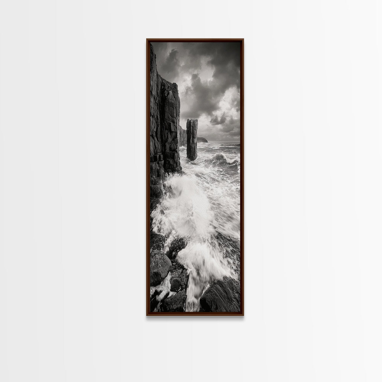 Crashing Surf, Tall Sea Stack, Rugged Coast, Framed Canvas Print, Moody Ocean Wall Art, Bathroom Decor, Black and White Seascape