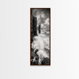Crashing Surf, Tall Sea Stack, Rugged Coast, Framed Canvas Print, Moody Ocean Wall Art, Bathroom Decor, Black and White Seascape