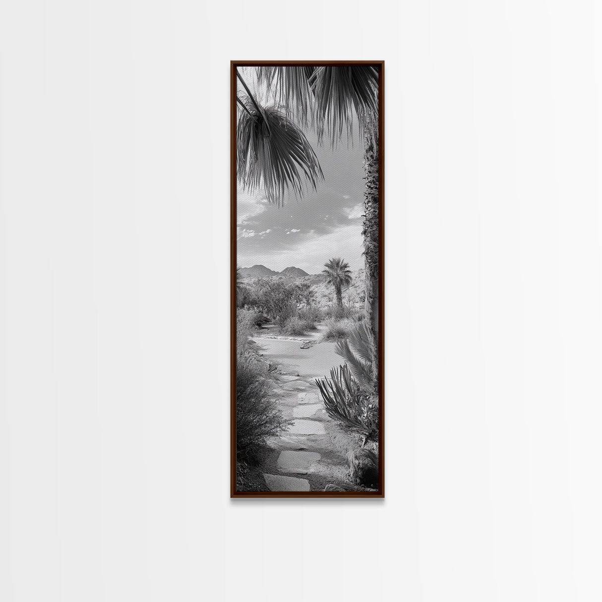 Desert Path, Palm Trees, Serene Escape, Tranquil Garden, Monochrome Landscape, Framed Canvas Print, Entryway Wall Art, Nature Minimal
