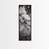 Mountain Beach Path, Cloudy Sky Landscape, Black and White Nature Scene, Framed Canvas Print, Entryway Fall Coastal Wall Decor
