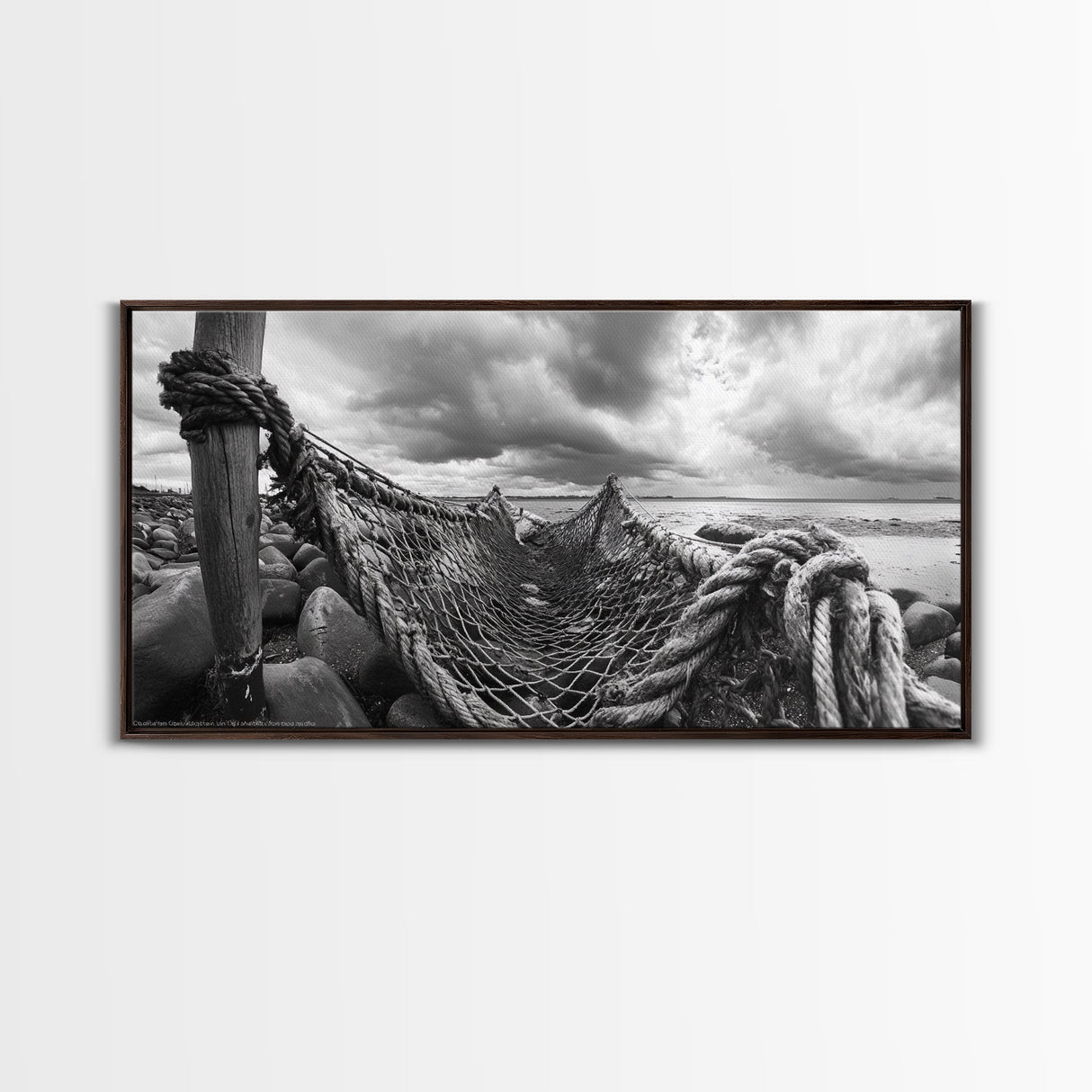 Fishing Net, Stormy Shore, Maritime Nostalgia, Rugged Rope Art, Framed Canvas Print, Nautical Living Room Wall Decor