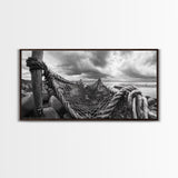 Fishing Net, Stormy Shore, Maritime Nostalgia, Rugged Rope Art, Framed Canvas Print, Nautical Living Room Wall Decor
