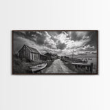 Seaside Village, Driftwood Cabins, Coastal Road, Vintage Fishing Town, Framed Canvas Print, Rustic Kitchen Wall Art, Moody Monochrome