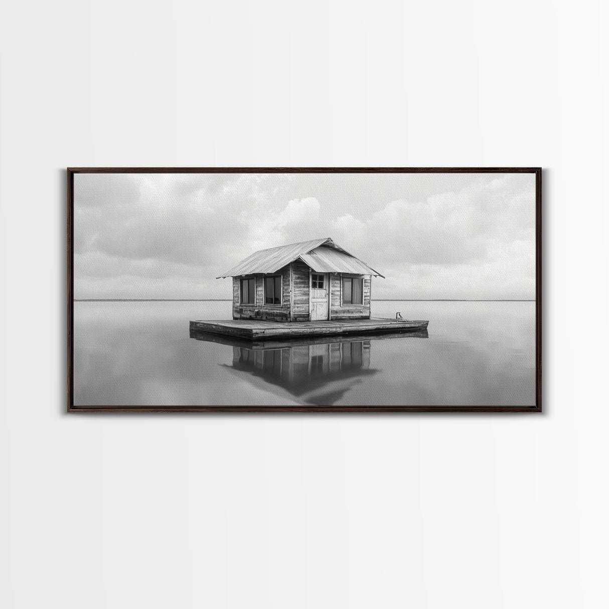 Floating Cabin, Lake House, Calm Waters, Dreamy Isolation Art, Canvas Print, Minimalist Living Room Wall Art, Coastal Style
