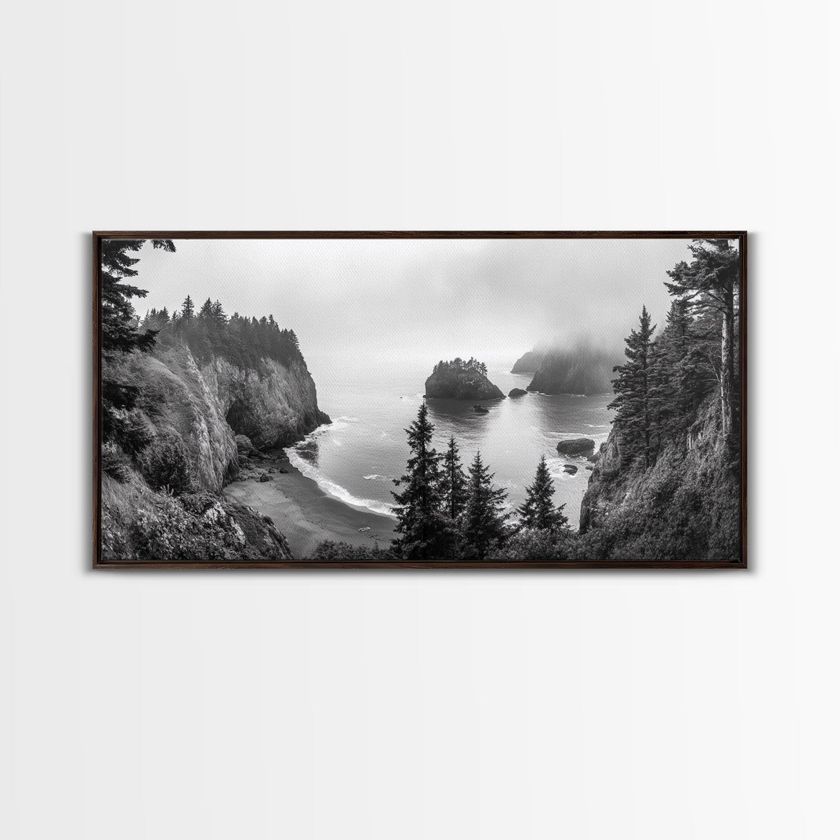 Misty Coastal Cliffs, Ocean Horizon, Monochrome Art, Nature Landscape, Canvas Print, Rustic Living Room Decor, Moody Wall Art, Black and White