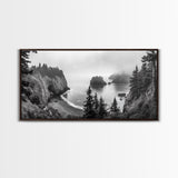 Misty Coastal Cliffs, Ocean Horizon, Monochrome Art, Nature Landscape, Canvas Print, Rustic Living Room Decor, Moody Wall Art, Black and White