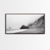 Foggy Beach Boulders, Minimalist Shoreline, Moody Monochrome, Canvas Print, Neutral Bathroom Art, Zen Wall Decor, Calm Coastal Scene