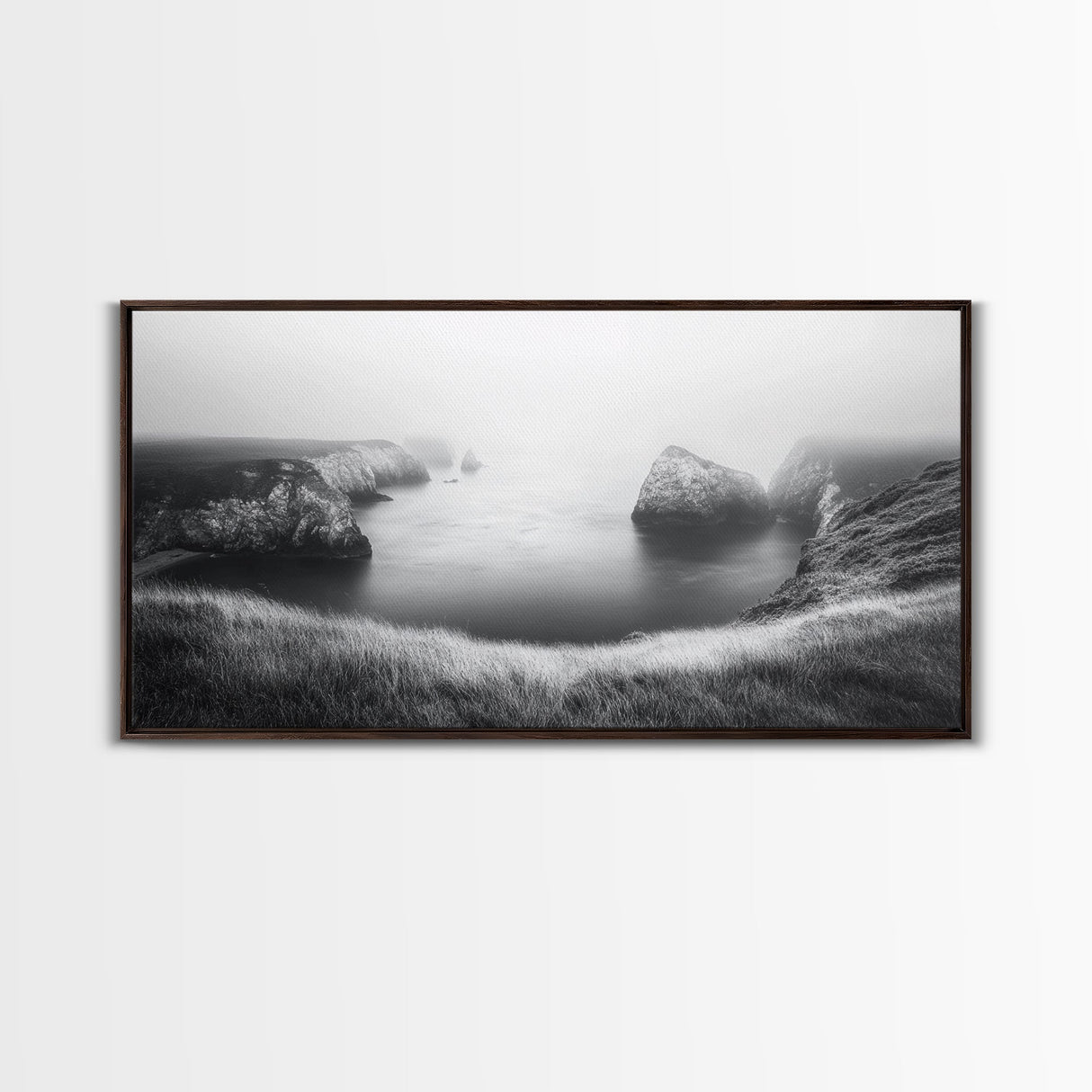 Serene Fog Cliffs, Dreamy Coastline, Soft Light Seascape, Canvas Print, Tranquil Bedroom Wall Art, Minimal Nature Photography
