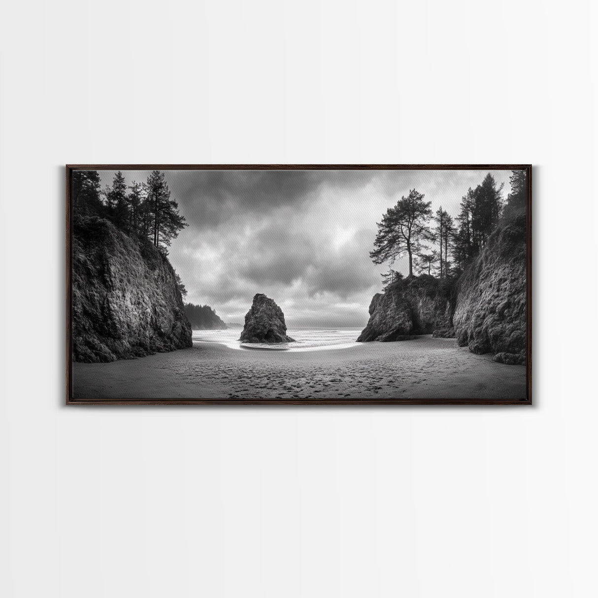 Hidden Coastal Cove, Dramatic Ocean Scene, Natural Seascape, Canvas Print, Rustic Cabin Wall Art, Black and White Beach Photography