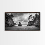 Hidden Coastal Cove, Dramatic Ocean Scene, Natural Seascape, Canvas Print, Rustic Cabin Wall Art, Black and White Beach Photography