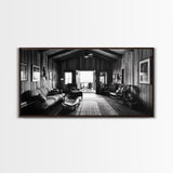 Cozy Cabin Interior, Rustic Living Space, Wood Wall Charm, Canvas Print, Country Living Room Art, Americana Wall Photography