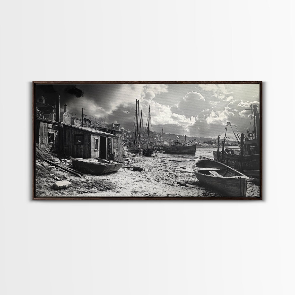 Old Fishing Harbor, Weathered Boats, Coastal Village Scene, Canvas Print, Nautical Kitchen Wall Art, Maritime Black and White Decor