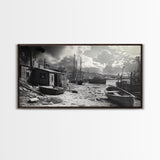 Old Fishing Harbor, Weathered Boats, Coastal Village Scene, Canvas Print, Nautical Kitchen Wall Art, Maritime Black and White Decor