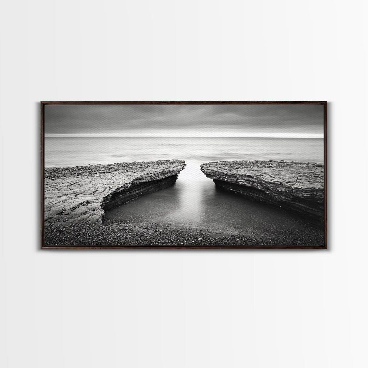 Ocean Rock Split, Calm Seascape Horizon, Monochrome Photography, Canvas Print, Bathroom Wall Art, Zen Coastal Aesthetic, Office Wall Art