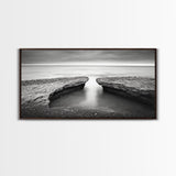 Ocean Rock Split, Calm Seascape Horizon, Monochrome Photography, Canvas Print, Bathroom Wall Art, Zen Coastal Aesthetic, Office Wall Art