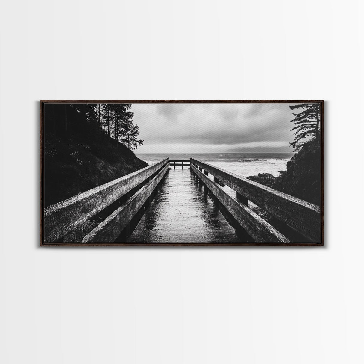 Rainy Dock View, Ocean Storm Mood, Moody Coastal Photo, Canvas Print, Living Room Wall Art, Black and White Nautical Decor, Rustic Coastal
