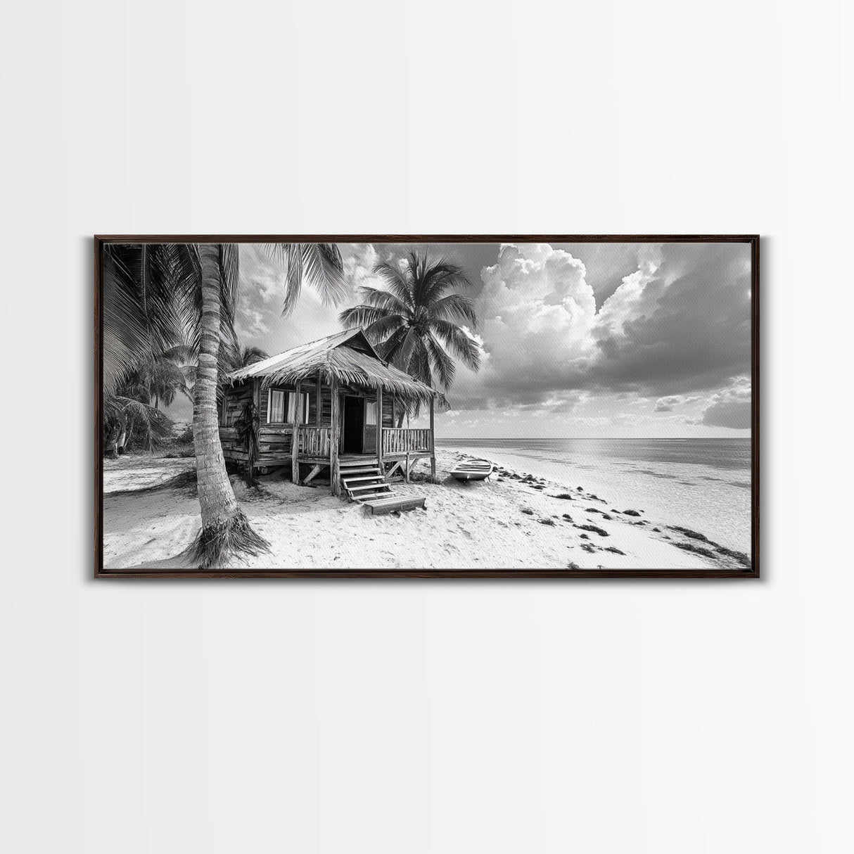 Tropical Hut, Palm Tree Scene, Island Escape Photo, Framed Canvas Print, Beach House Wall Art, Rustic Boho Coastal Decor, Nature Scene