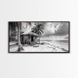Tropical Hut, Palm Tree Scene, Island Escape Photo, Framed Canvas Print, Beach House Wall Art, Rustic Boho Coastal Decor, Nature Scene