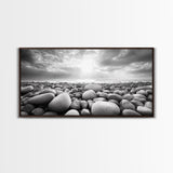 Pebble Beach Sunrise, Serene Rock Shore, Ocean Horizon Light, Framed Canvas Print, Bathroom Wall Art, Minimalist Coastal Decor