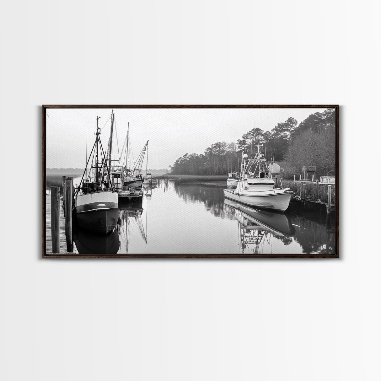 Fishing Boats Docked, Quiet Harbor Scene, Nautical River View, Framed Canvas Print, Kitchen Wall Art, Rustic Coastal Decor, Lodge Wall Art
