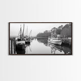 Fishing Boats Docked, Quiet Harbor Scene, Nautical River View, Framed Canvas Print, Kitchen Wall Art, Rustic Coastal Decor, Lodge Wall Art