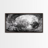 Cave Entrance Lake, Hidden Forest View, Rock Reflection Water, Canvas Print, Hallway Wall Art, Adventure Wilderness Decor, Minimalist Style