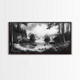 Coastal Forest View, Mountain Sea Horizon, Romantic Nature Scene, Framed Canvas Print, Living Room Wall Art, Vintage Landscape